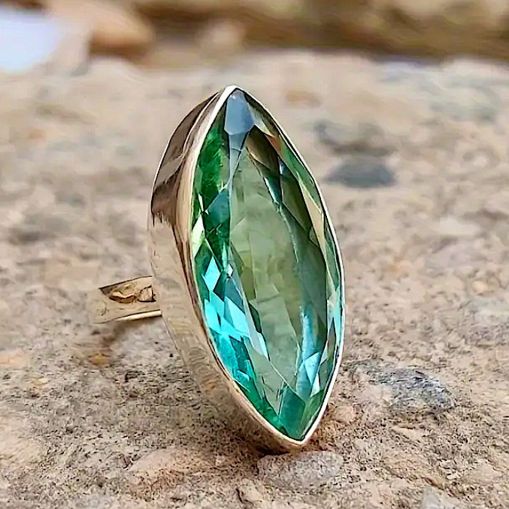Sterling Silver Aquamarine Zircon Ring, Large Stone, Cocktail - Picture 1 of 7